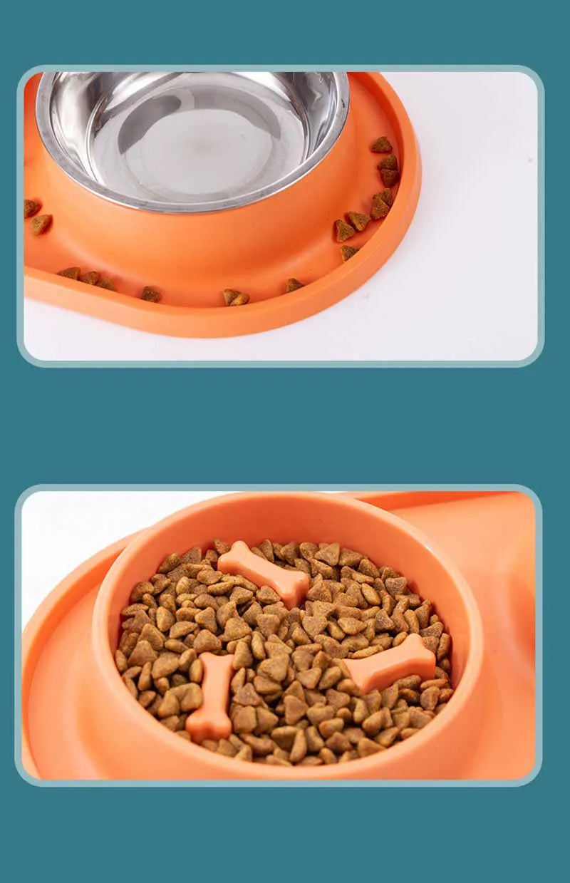 Dog Double Bowl With Silicone Mat Cat Pet Food Water Stainless Steel Anti-Choking Non-Slip Basin