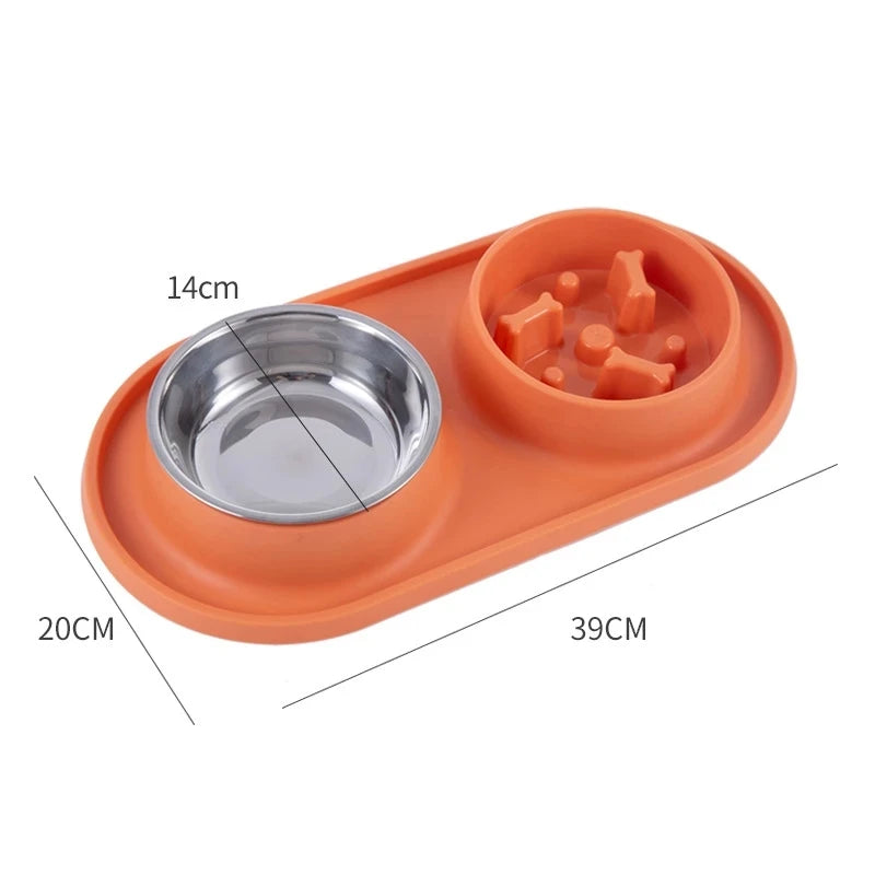 Dog Double Bowl With Silicone Mat Cat Pet Food Water Stainless Steel Anti-Choking Non-Slip Basin