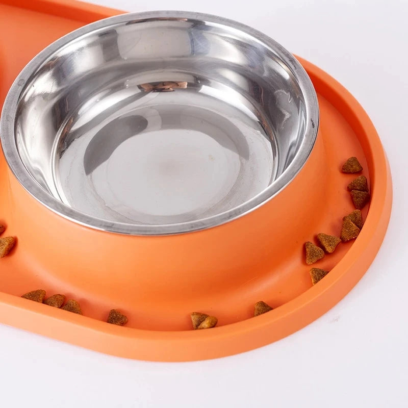 Dog Double Bowl With Silicone Mat Cat Pet Food Water Stainless Steel Anti-Choking Non-Slip Basin