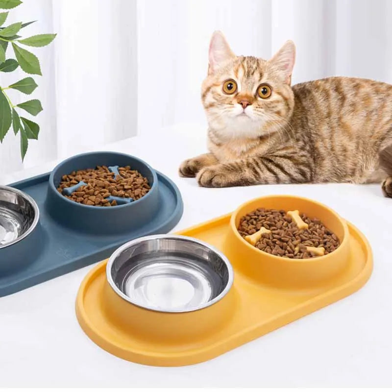 Dog Double Bowl With Silicone Mat Cat Pet Food Water Stainless Steel Anti-Choking Non-Slip Basin