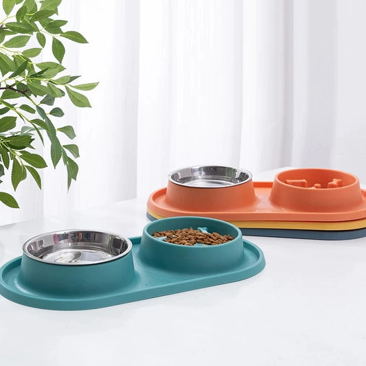 Dog Double Bowl With Silicone Mat Cat Pet Food Water Stainless Steel Anti-Choking Non-Slip Basin