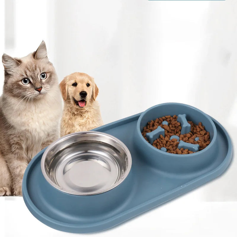 Dog Double Bowl With Silicone Mat Cat Pet Food Water Stainless Steel Anti-Choking Non-Slip Basin