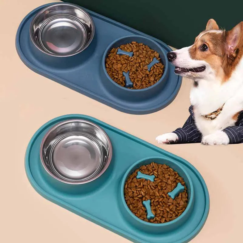 Dog Double Bowl With Silicone Mat Cat Pet Food Water Stainless Steel Anti-Choking Non-Slip Basin